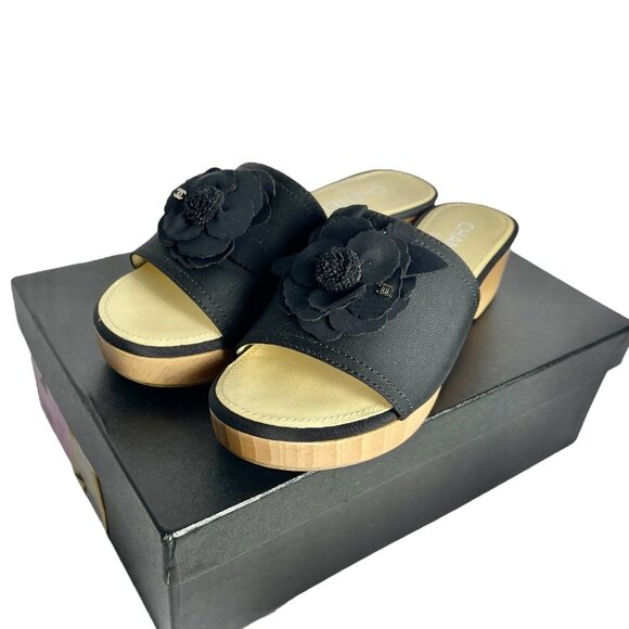 CHANEL CC 2015 Interlocking CC Logo Slides Shoes Sandals Wood +Box Sz 38 US 7.5 - Picture 5 of 16